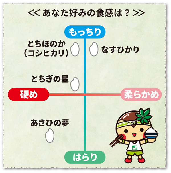 もっちり硬めは「とちほのか」「とちぎの星」、もっちり柔らかめは「なすひかり」、はらり硬めは「あさひの夢」