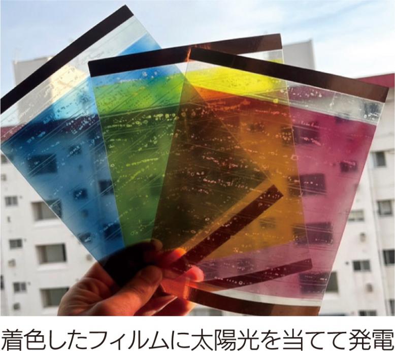 着色したフィルムに太陽光を当てて発電